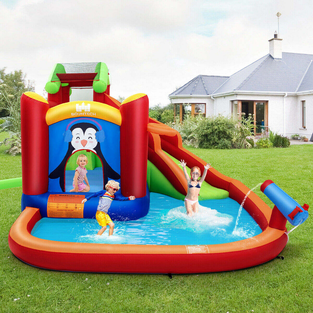 Gymax Inflatable Slide Bouncer and Water Park Bounce House Splash Pool Water Cannon