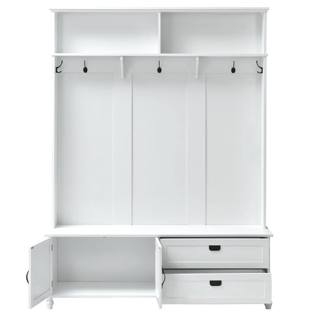 URTR Modern Style White Hall Tree with Storage Cabinet and 2-Large Drawers Widen Mudroom Bench with 5-Coat Hooks WYX-675W