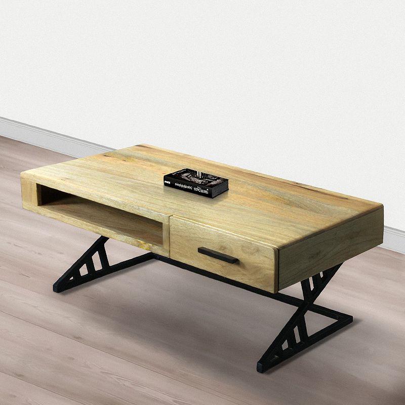 40 Inch Handcrafted Industrial Mango Wood Coffee Table， 1 Drawer， Metal Frame， Light Brown and Black