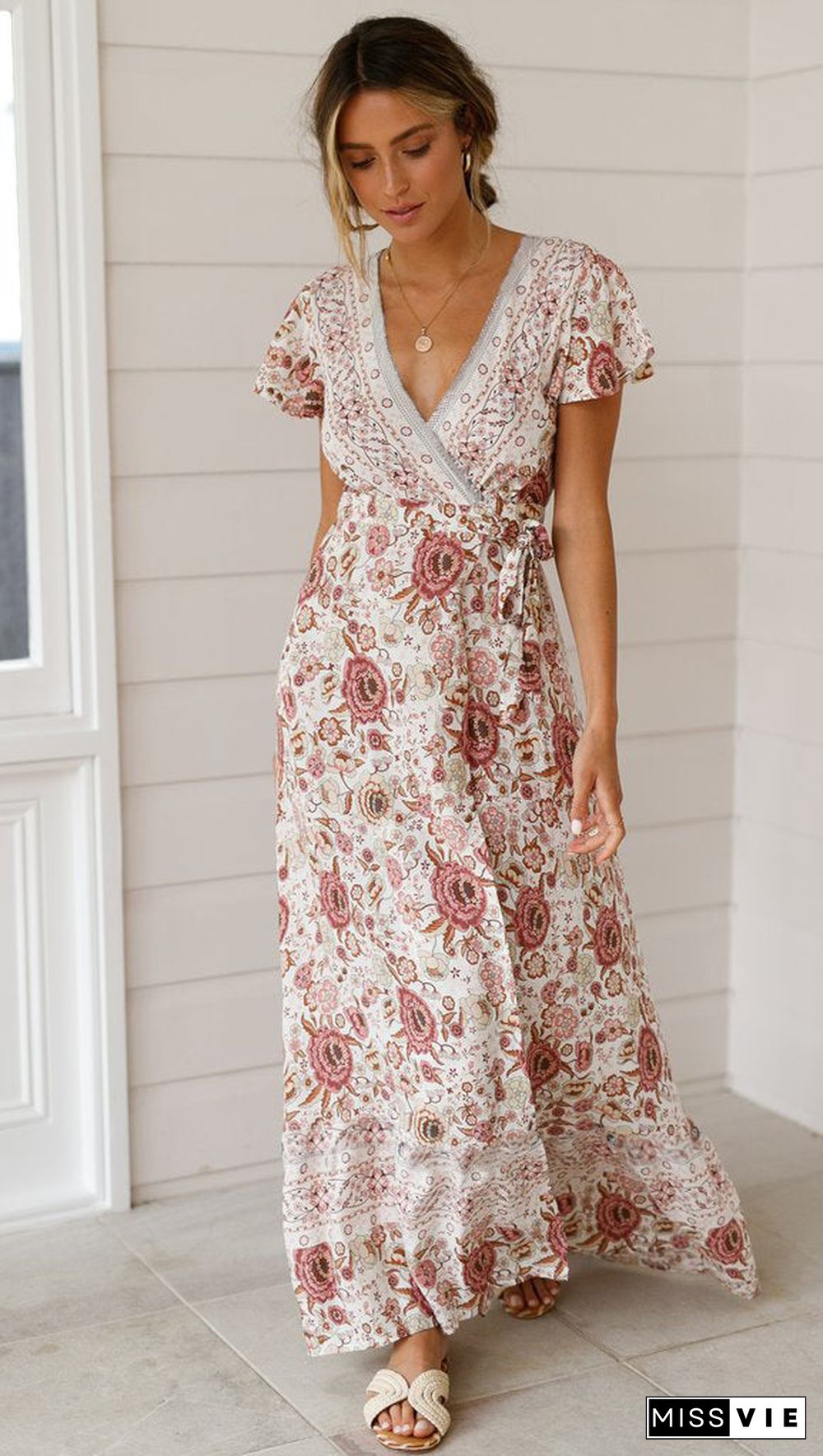 Floral V-Neck Short Sleeve Maxi Dress