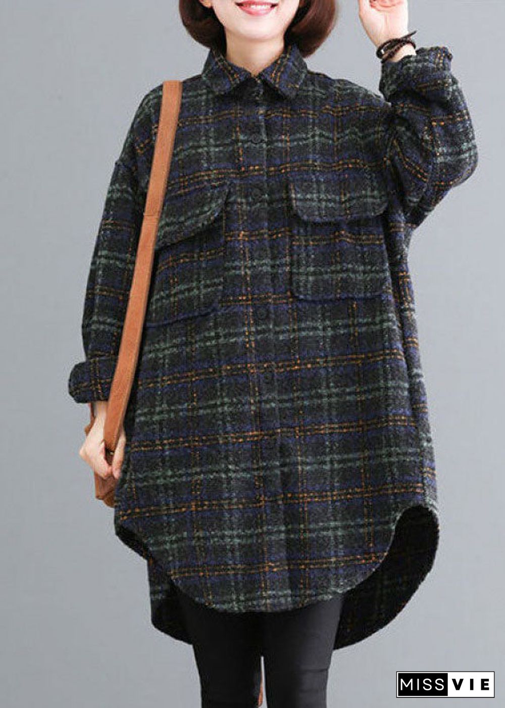 Luxury Blue Green Plaid Pockets Button Fall Thick Long sleeve Coat