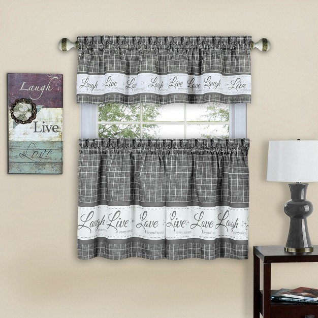 Kate Aurora Country Farmhouse Gingham Plaid Check Live laugh love 3 Pc Kitchen Curtain Set