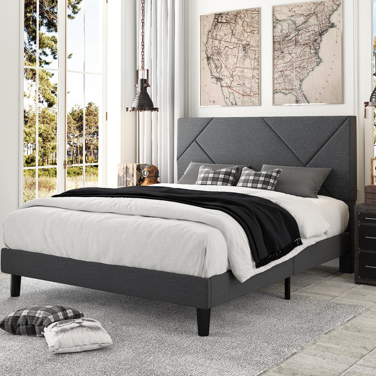 Amolife Queen Size Metal Bed Frame with Geometric Upholstered Headboard, Grey