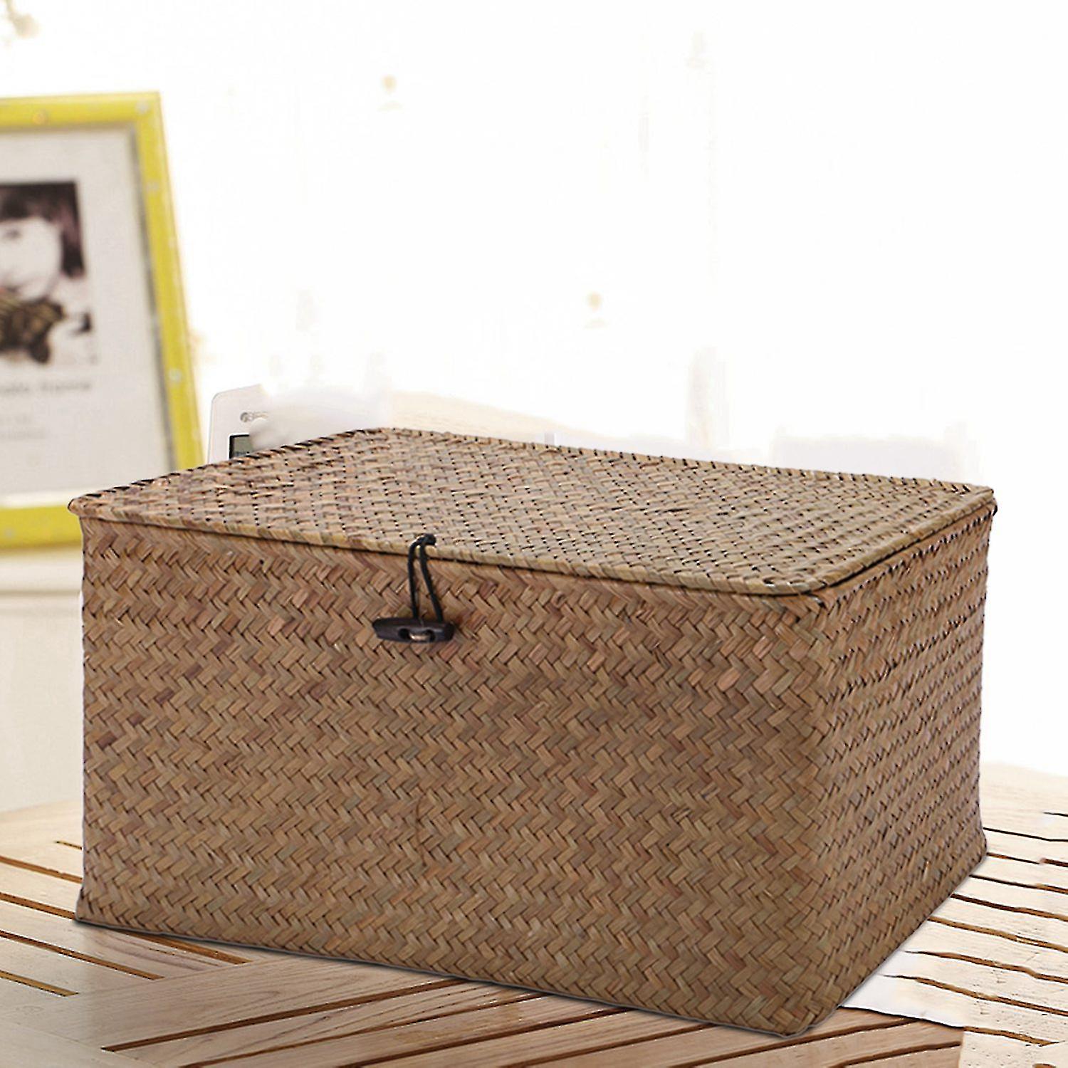 Handmade Straw Woven Storage Basket With Lid Makeup Organizer Storage Box Seagrass Laundry Baskets