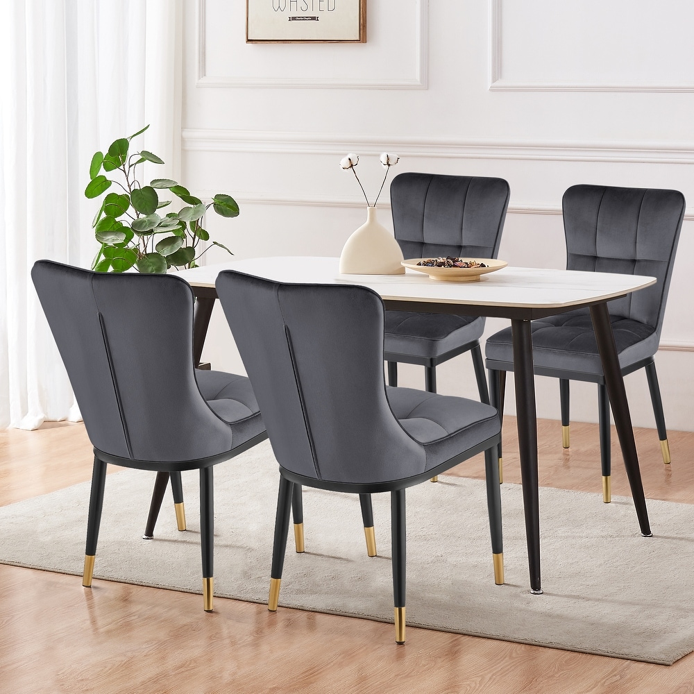 Velvet Upholstered Dining Chairs with Checked Pattern   Metal Legs