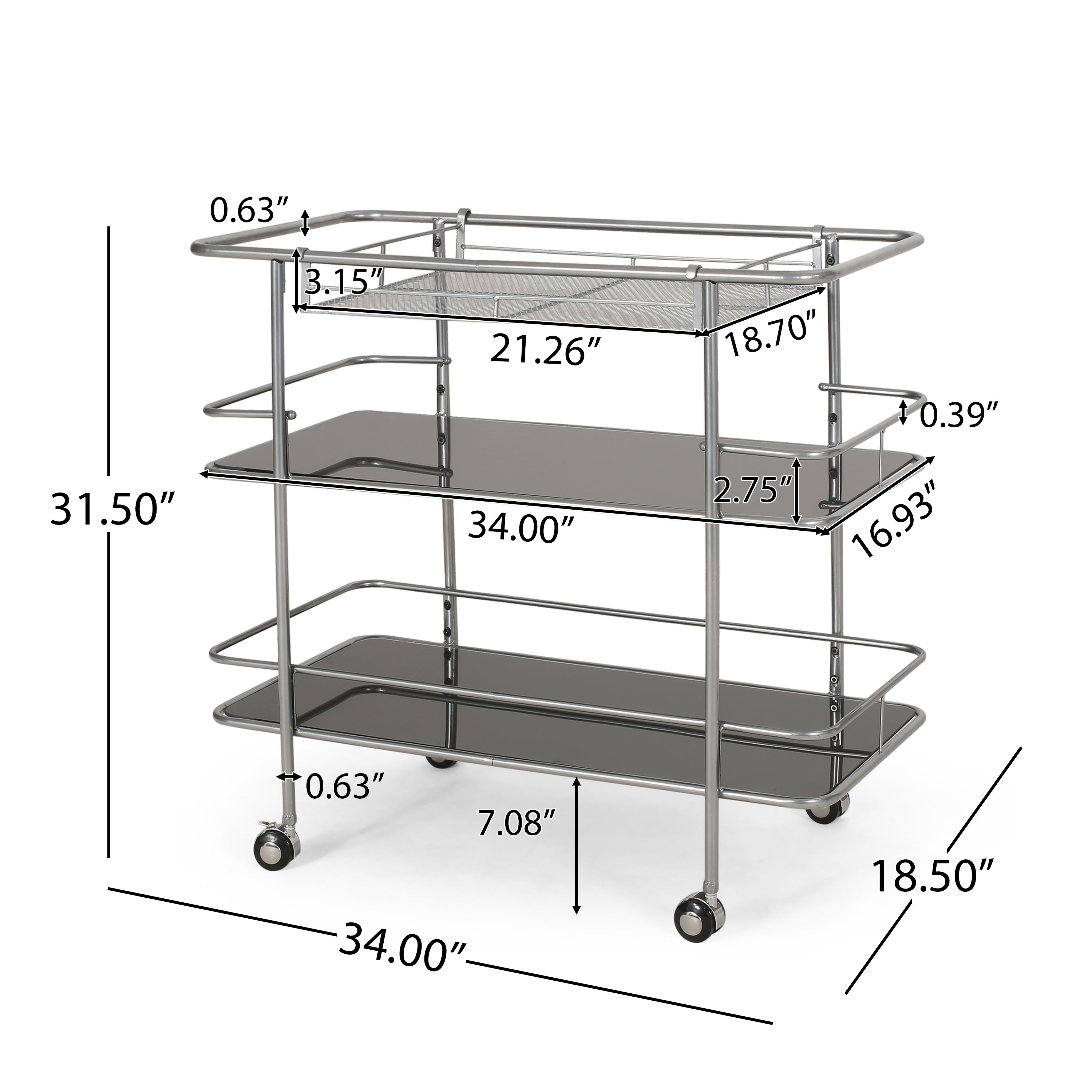 Galata Modern 3 Tier Bar Cart with Glass Shelving, Silver and Black