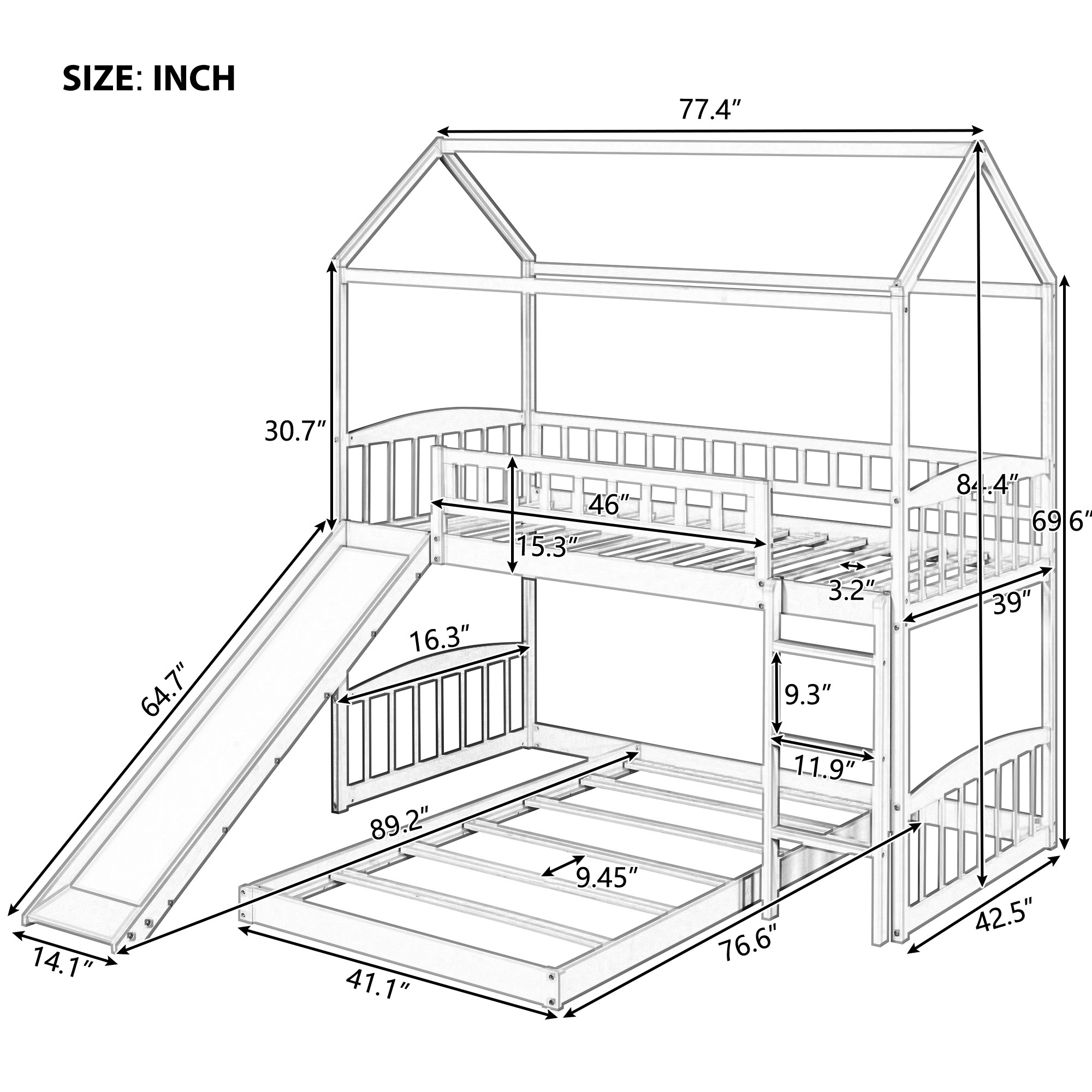 Bellemave House Bunk Bed with Slide, Wood Twin Over Twin L-Shape Bunk Bed Frame with Ladder for Kids Teens (White)