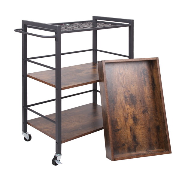 Tray Top Wooden Kitchen Cart with 2 Shelves and Ca...