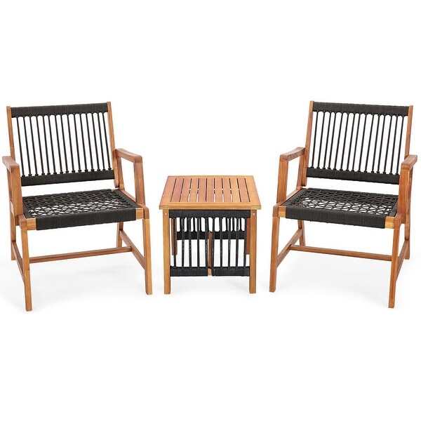 Patio 3pcs Wood Outdoor Furniture Bistro Set AllWeather Rope Woven