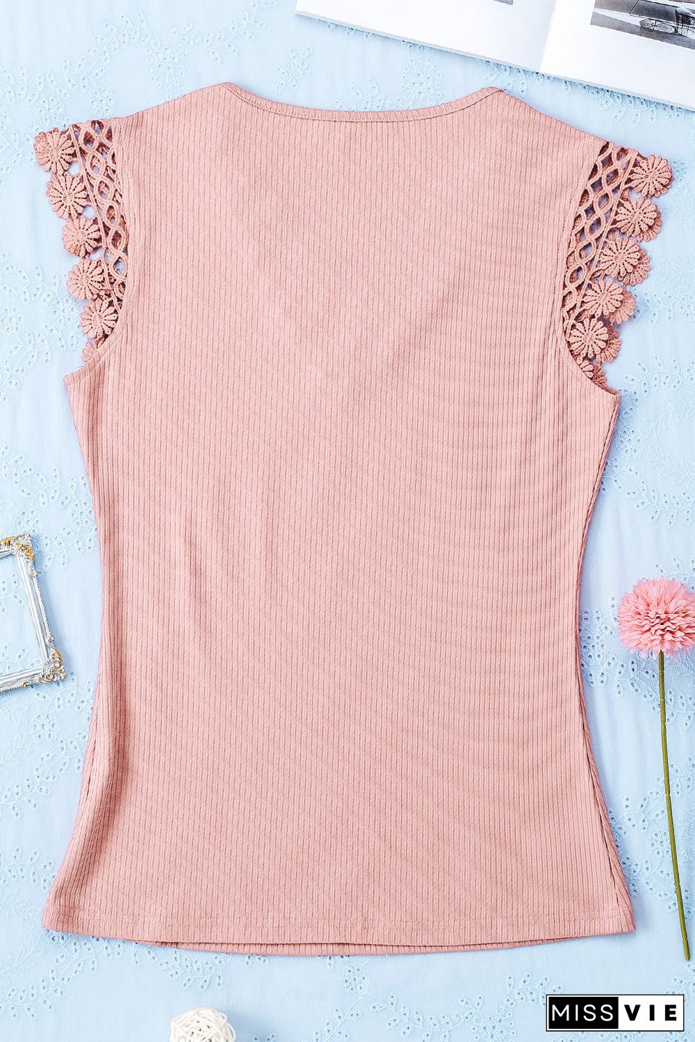 Lace Crochet Ribbed V Neck Tank Top