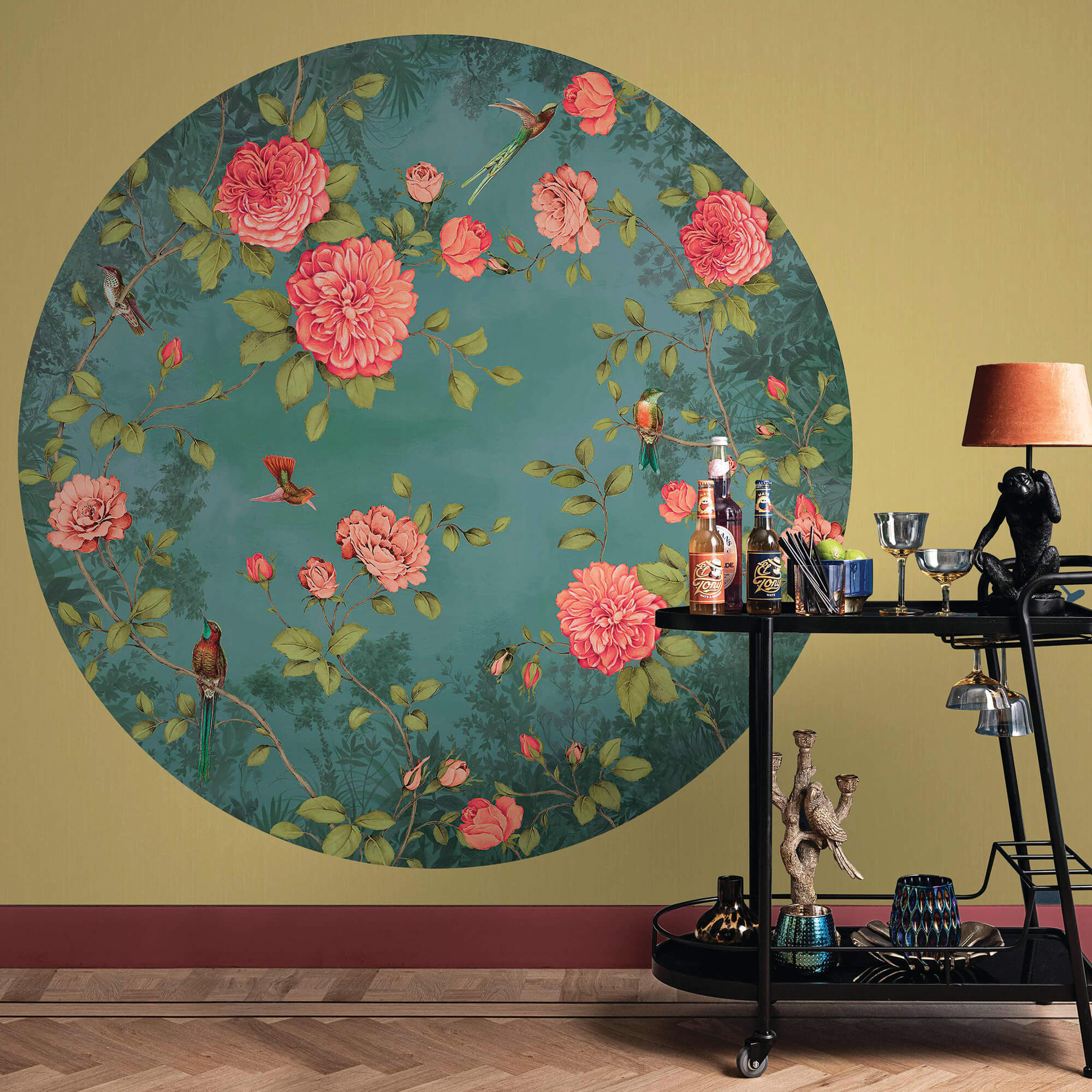 Circular Chinoiserie Wall Mural in Turquoise