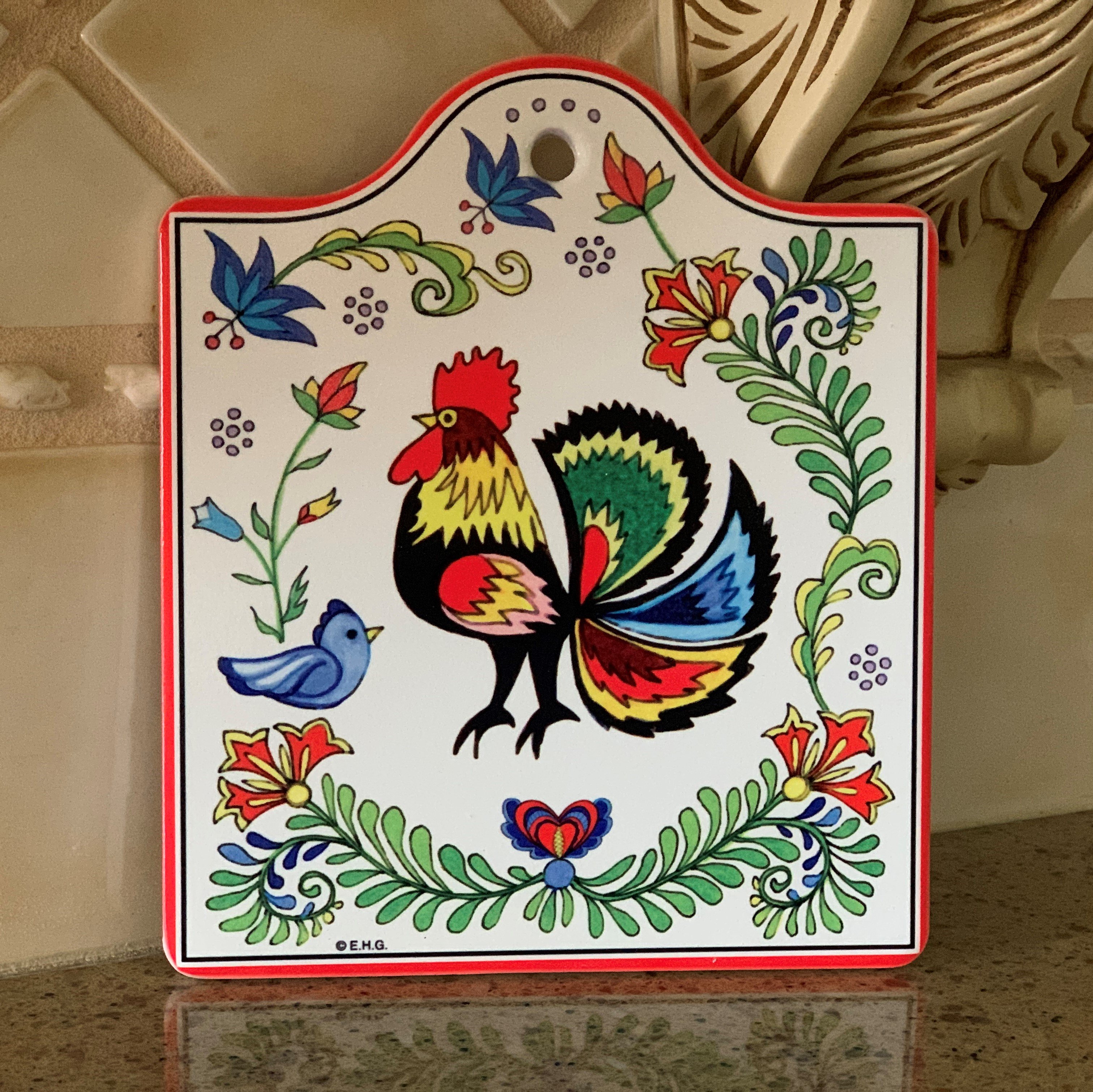 Ceramic Cheeseboard with Cork Backing: Rooster