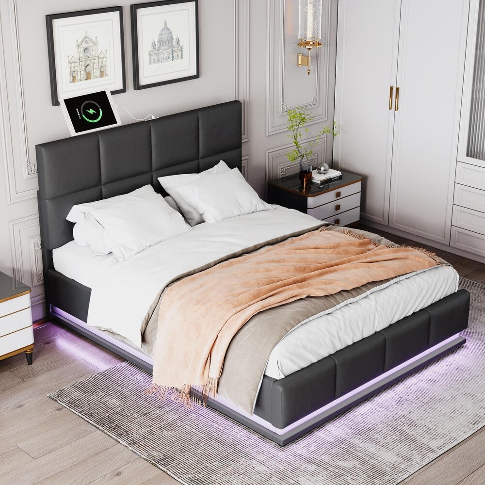 Hydraulic Storage Bed Tufted Upholstered Platform Bed with USB Charger