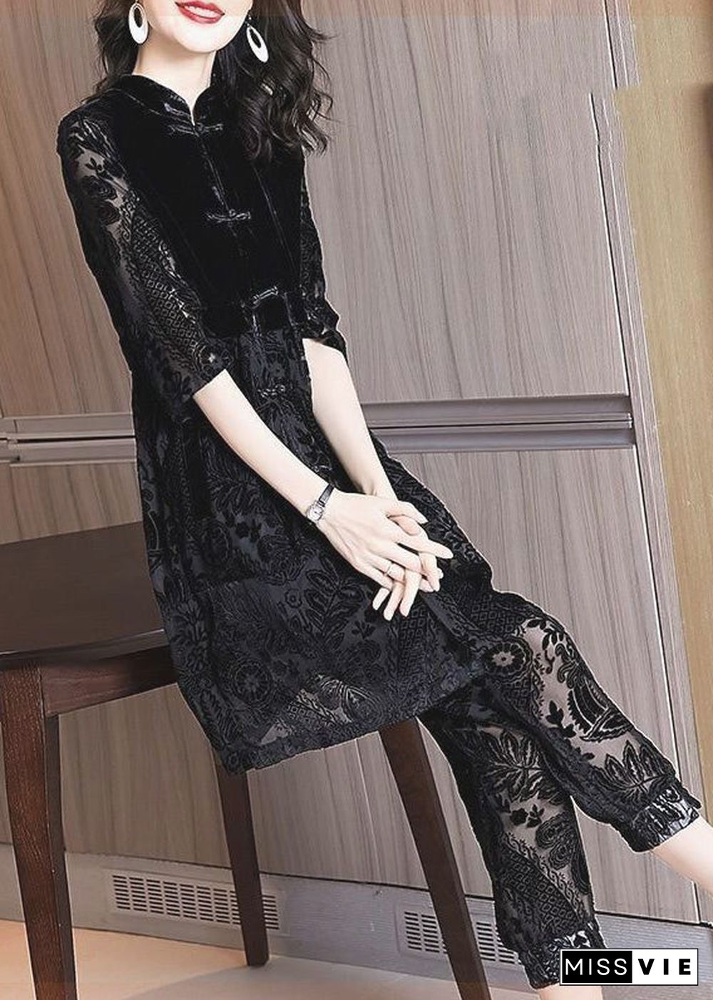 Chinese Style Black Stand Collar Asymmetrical Lace Dress And Crop Pants Two Piece Set Fall