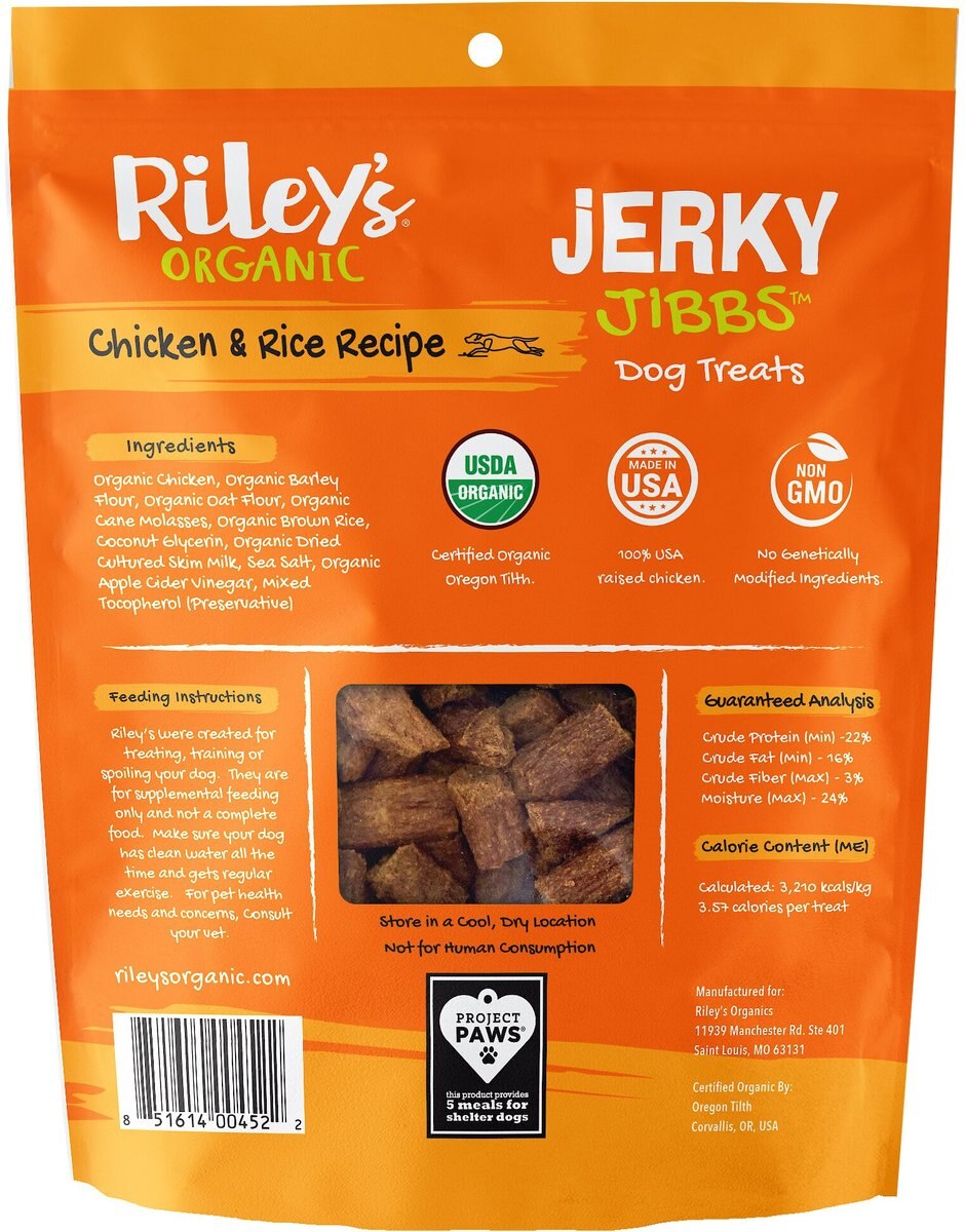 Riley's Organic Jerky Jibbs Chicken and Rice Recipe Dog Treats， 5-oz pouch