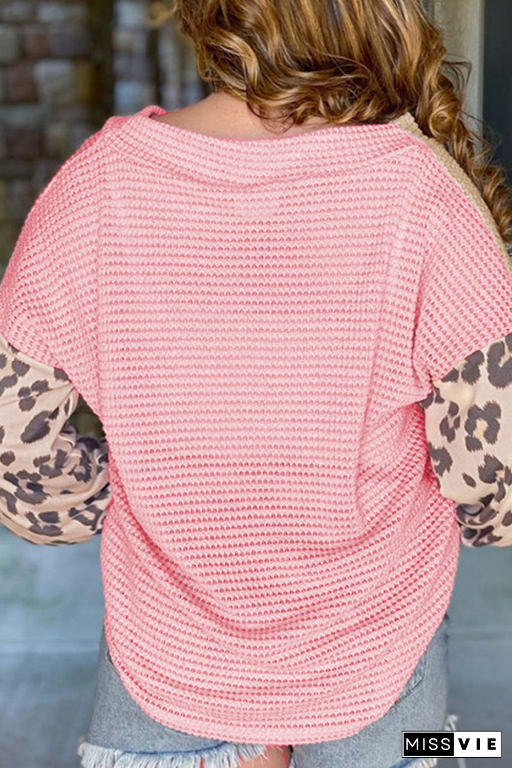 Pink Plus Size Leopard Sleeve Color Block Waffle Knit Top