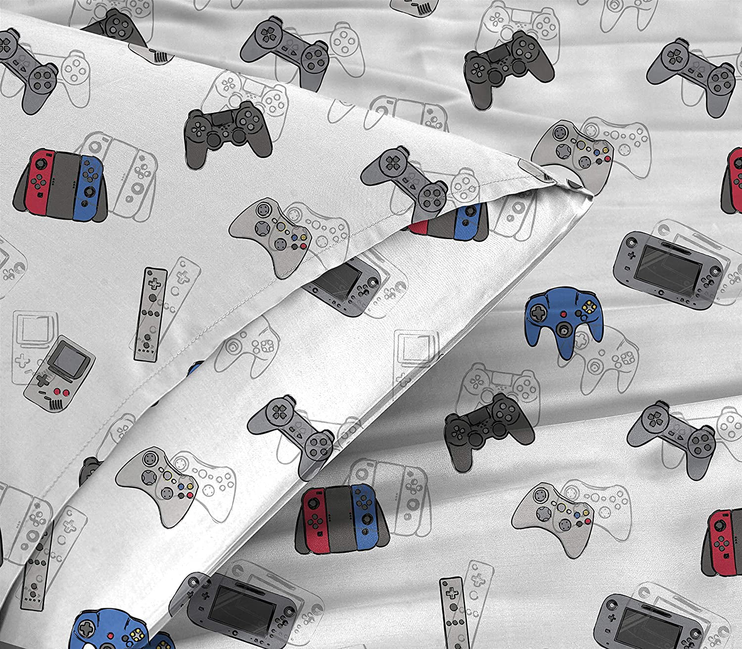 Kids Rule 5 Piece Gamer Glow in The Dark Bedding Set， Game Controllers Print， Blue， Grey - Twin