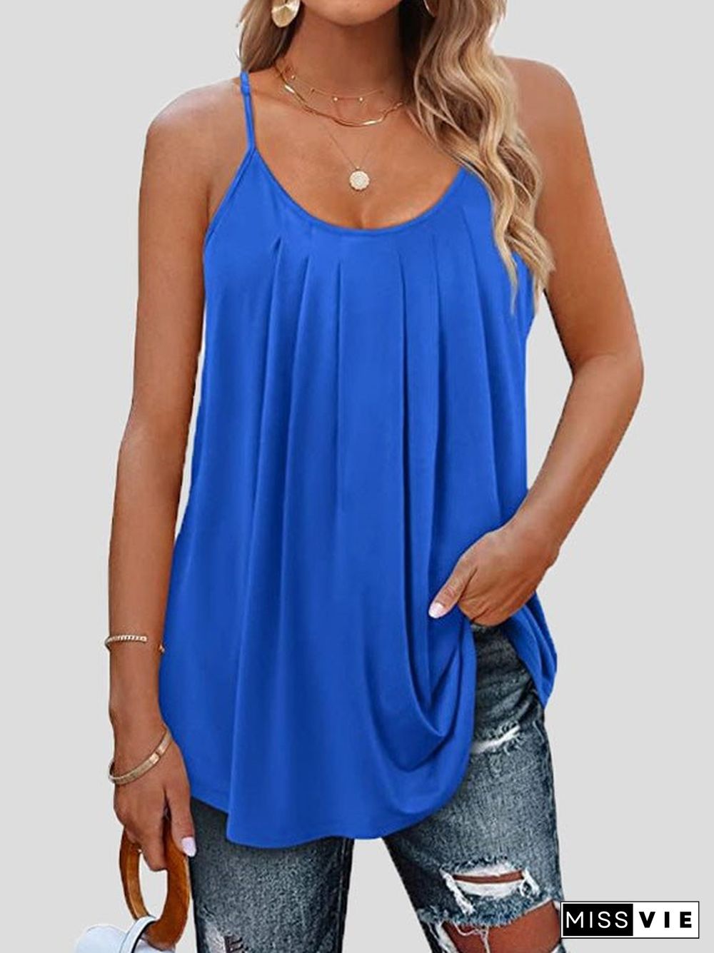 Women'S Tank Tops Pleated Sling Crew Neck Tank Tops