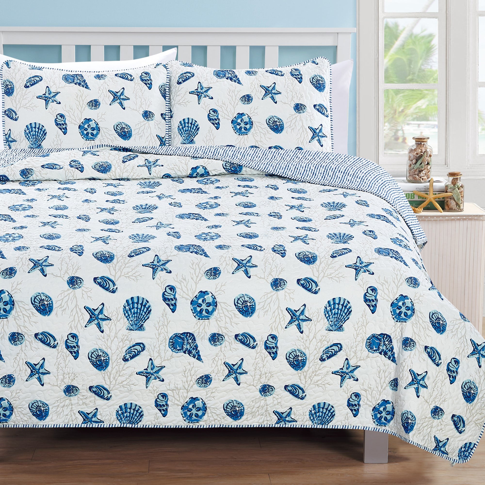 Great Bay Home Coastal Beach Reversible Reversible Quilt Set With Shams  (Twin， Blue)