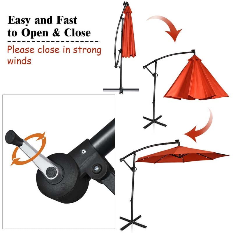 10 FT Patio Offset Umbrella with Solar Lights 360° Rotation Outdoor Market Umbrella with Crank Handle & Cross Base