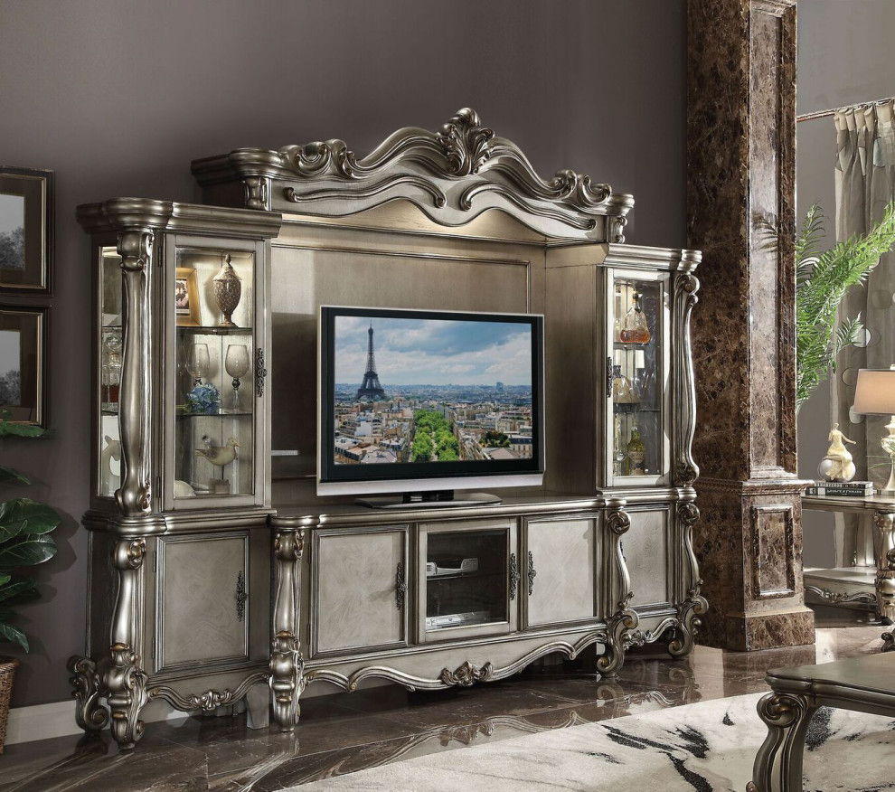 3 Door Wooden Tv Stand With Wooden Carving And Scrolled Legs  Silver   Victorian   Entertainment Centers And Tv Stands   by VirVentures  Houzz