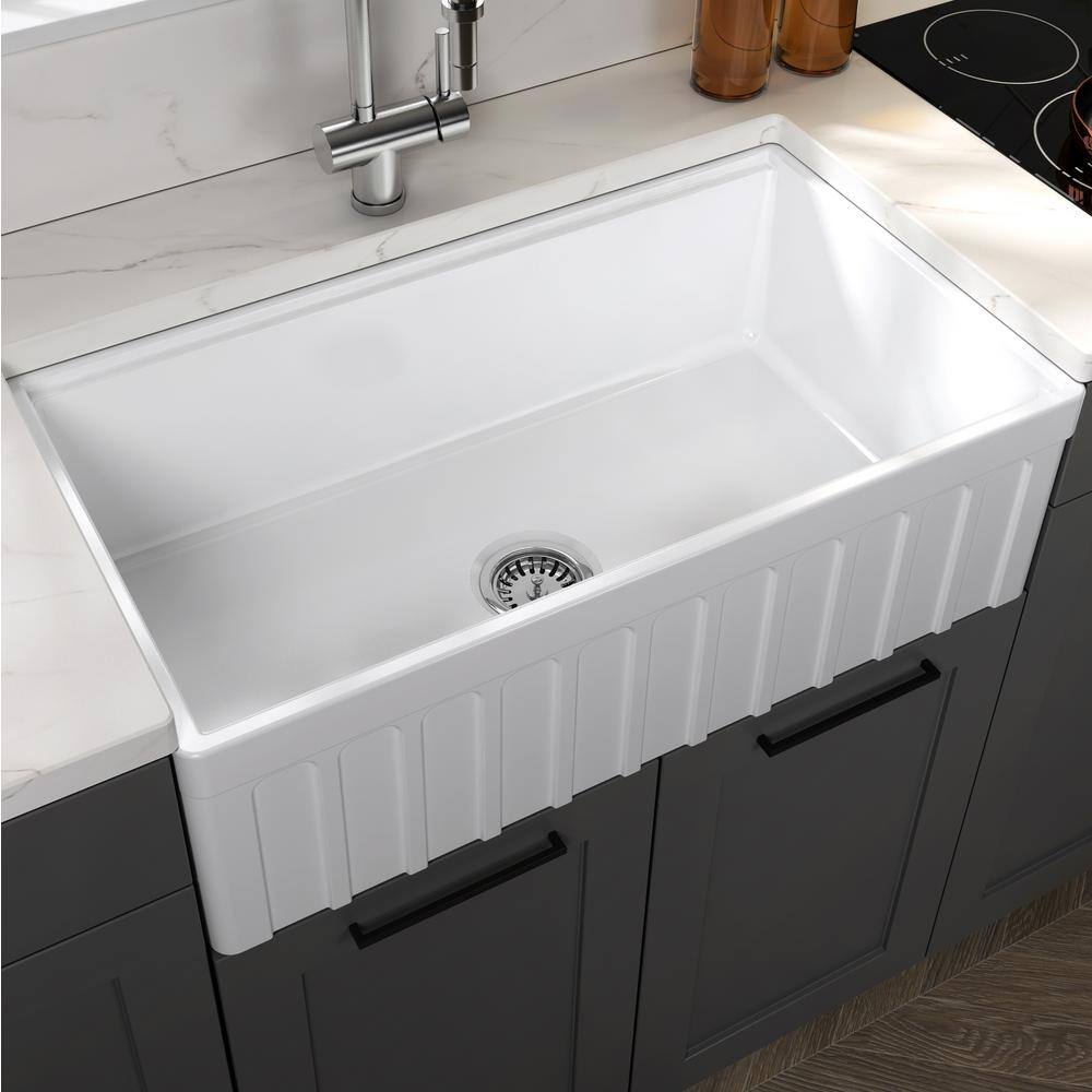 Empire Industries Yorkshire Farmhouse Fireclay 33 in. Single Bowl Kitchen Sink with Cutting-Board Grid and Strainer in White YO33S