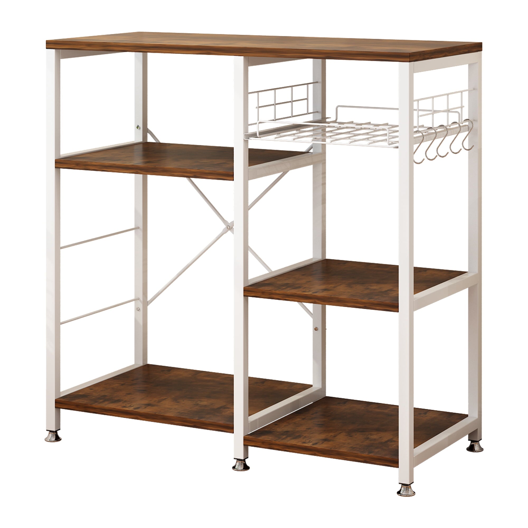 Zimtown Industrial Bakers Rack， Kitchen Microwave Oven Stand， Kitchen Island Storage Shelves Workstation with 2 Mesh Baskets and 6 Hooks，Rustic Brown