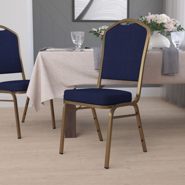 Flash Furniture HERCULES Series Crown Back Stacking Banquet Chair with Navy Blue Patterned Fabric and 2.5'' Thick Seat - Gold Frame