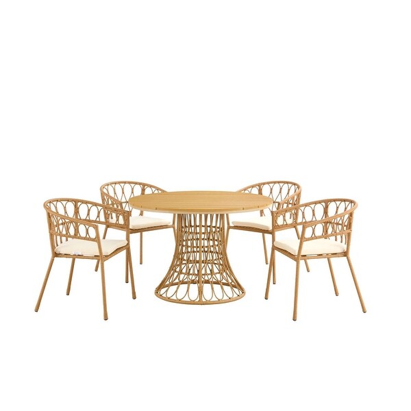 Outdoor dining simple bamboo chair table ，PE ratten round table 110CM plastic wood top