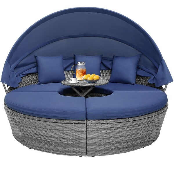 Gymax Outdoor Round Daybed w/ Retractable Canopy and Side Table Backyard