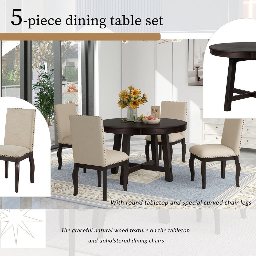 Farmhouse 5 Piece Wood Dining Table Set with Extendable Dining Table and Upholstered Armrests Dining Chairs for Dining Room