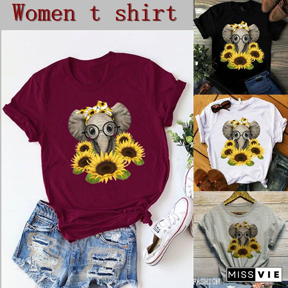 New Sunflower Elephant Print Short-sleeved Ladies T-shirt, Ladies Fashion Casual T-shirt.