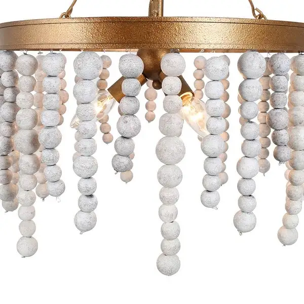 Mid-century Modern 3-light Wood Beads Chandelier Distressed Gold Dimmable Lights - D17