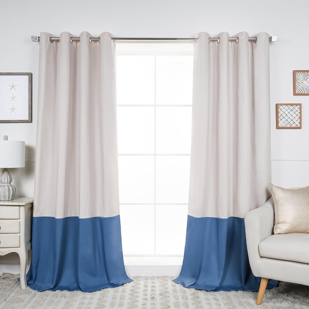 Color Blocked Cotton Blend Blackout Lined Grommet Curtains  Set of 2   84\