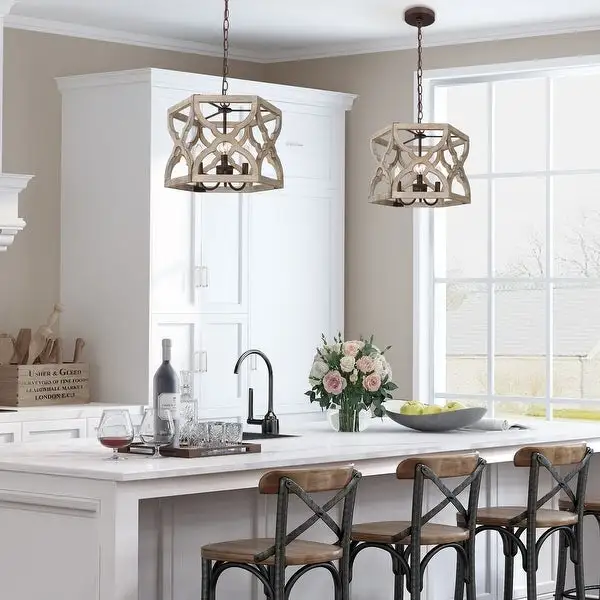 Woodly Farmhouse 3-Light Wood Chandelier Lantern Island Lights for Dining Room - 16.5