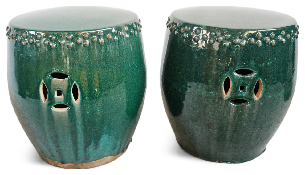 Teal Double Stud Ceramic Garden Stool   Asian   Accent And Garden Stools   by Design Mix Furniture  Houzz