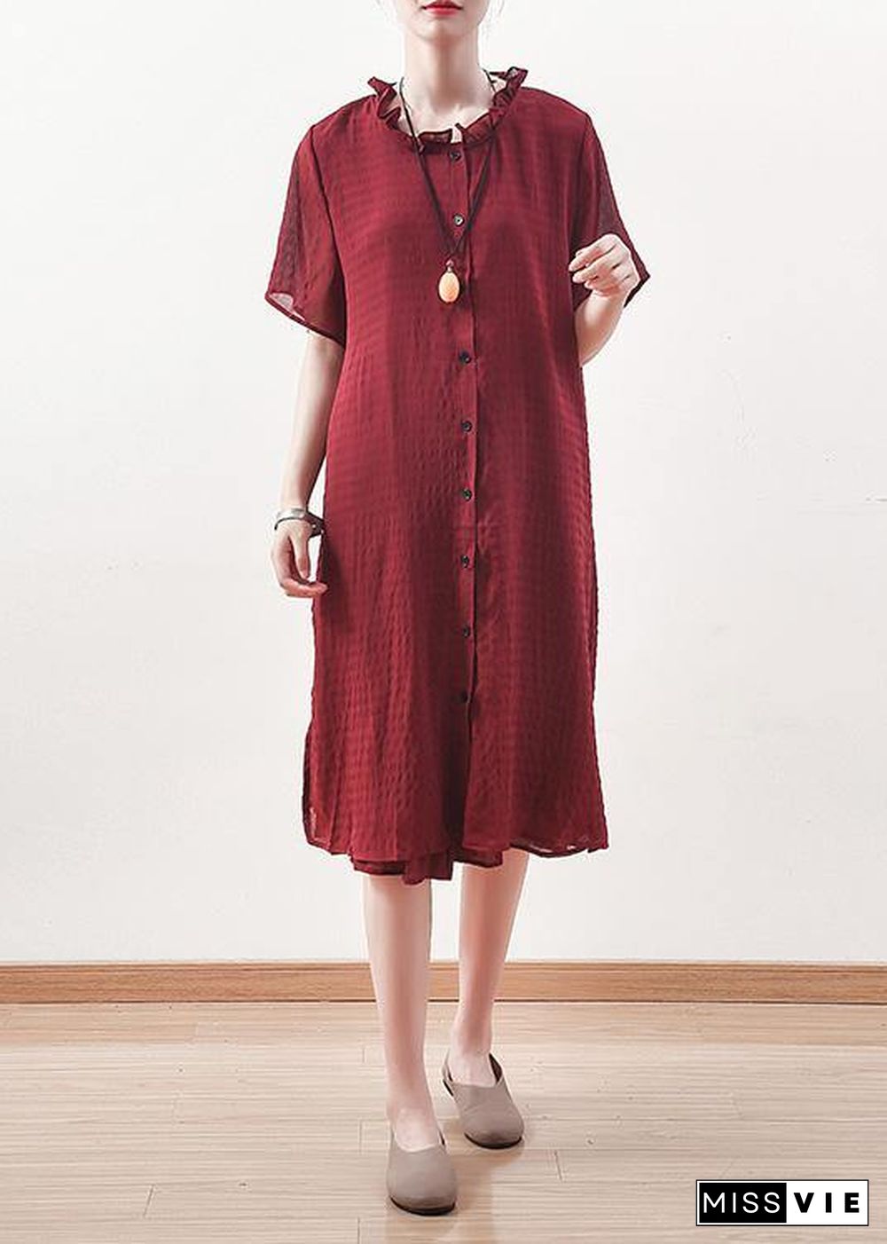 Beautiful red Chiffon clothes ruffles collar short summer shirt Dress