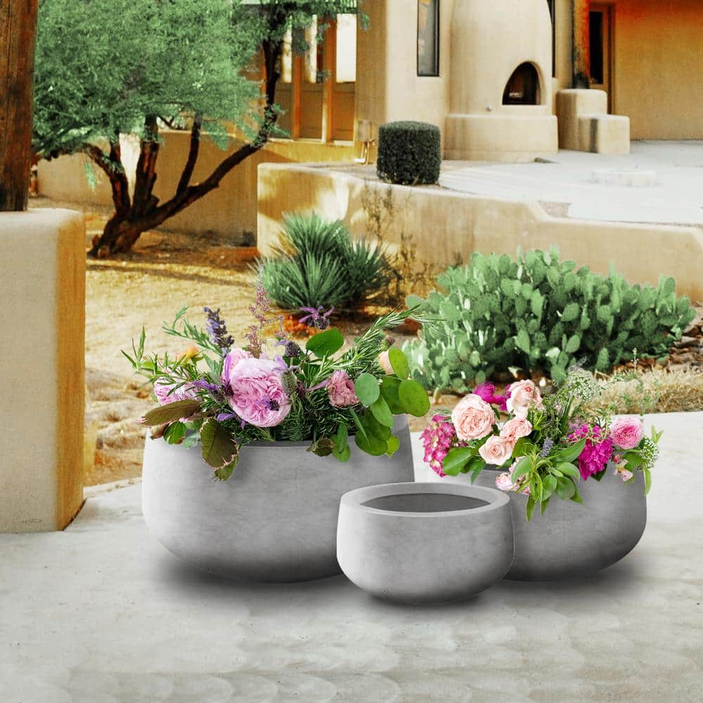 PLANTARA 20 in.， 16 in. and 10 in. D Round Raw Concrete Planter， Modern Flower Pot (Set of 3)， Outdoor Planter Pot for Garden， PA051S3-8021