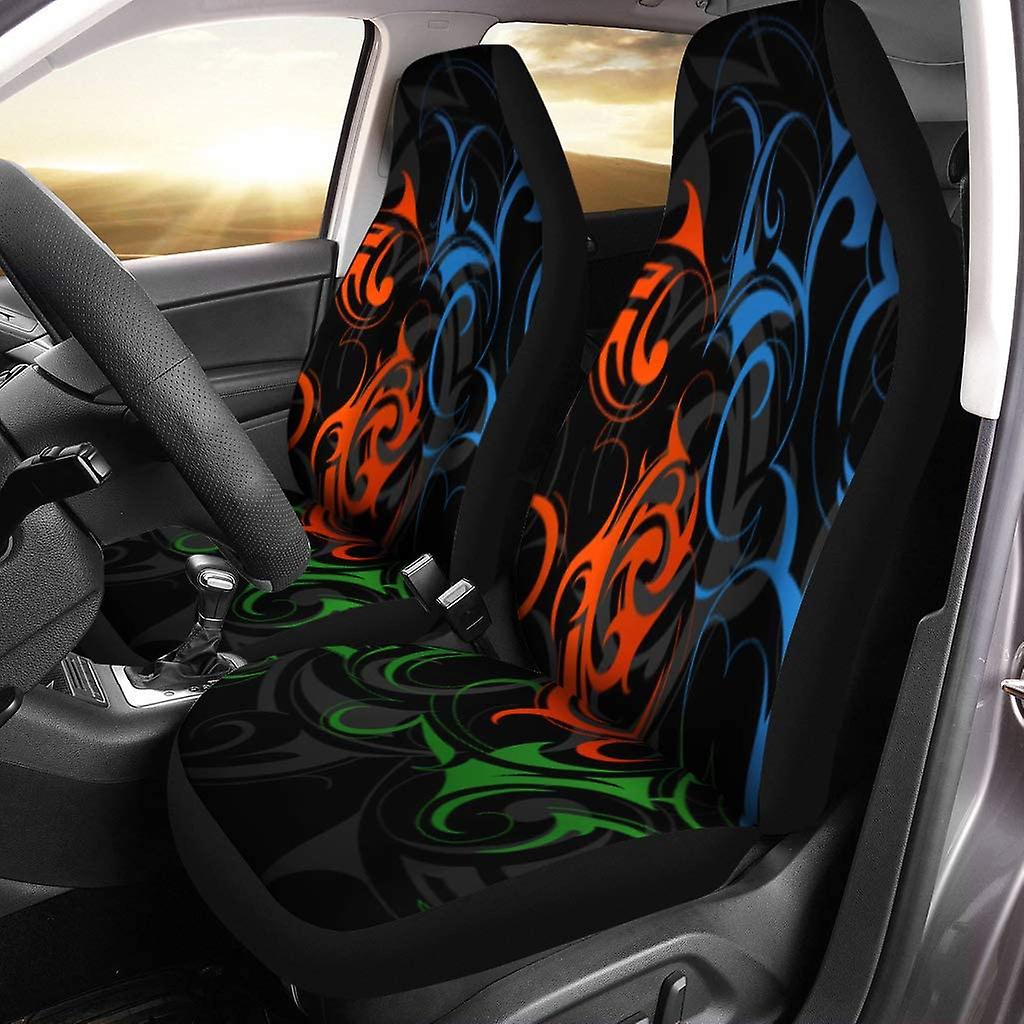 Set Of 2 Car Seat Covers Tribal Maori Abstract Abstraction Black Curves Elegant Floral Universal Auto Front Seats Protector Fits