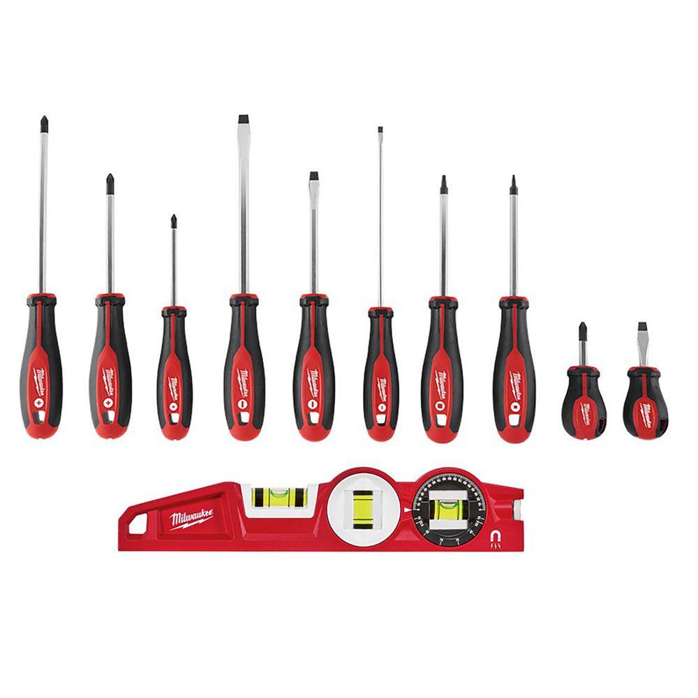 MW Screwdriver Set with 10 in. 360 Locking Die Cast Torpedo Level (11-Piece) 48-22-2710-48-22-5210