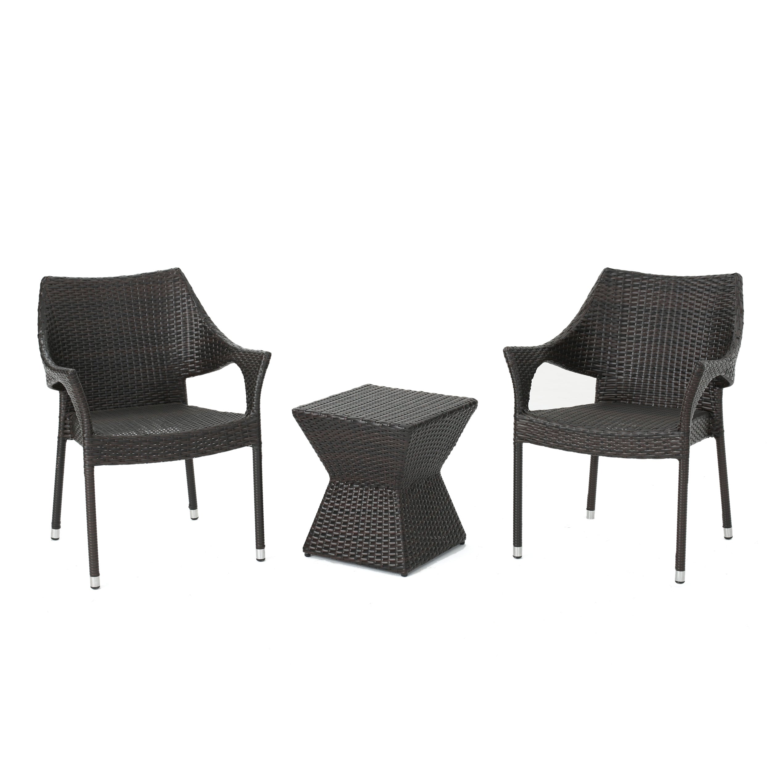 Arlost Outdoor 3 Piece Multi-Brown Wicker Chat Set with Stacking Chairs