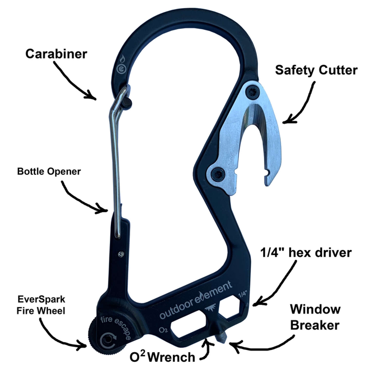 Outdoor Element Fire Escape Black Carabiner Multi Tool