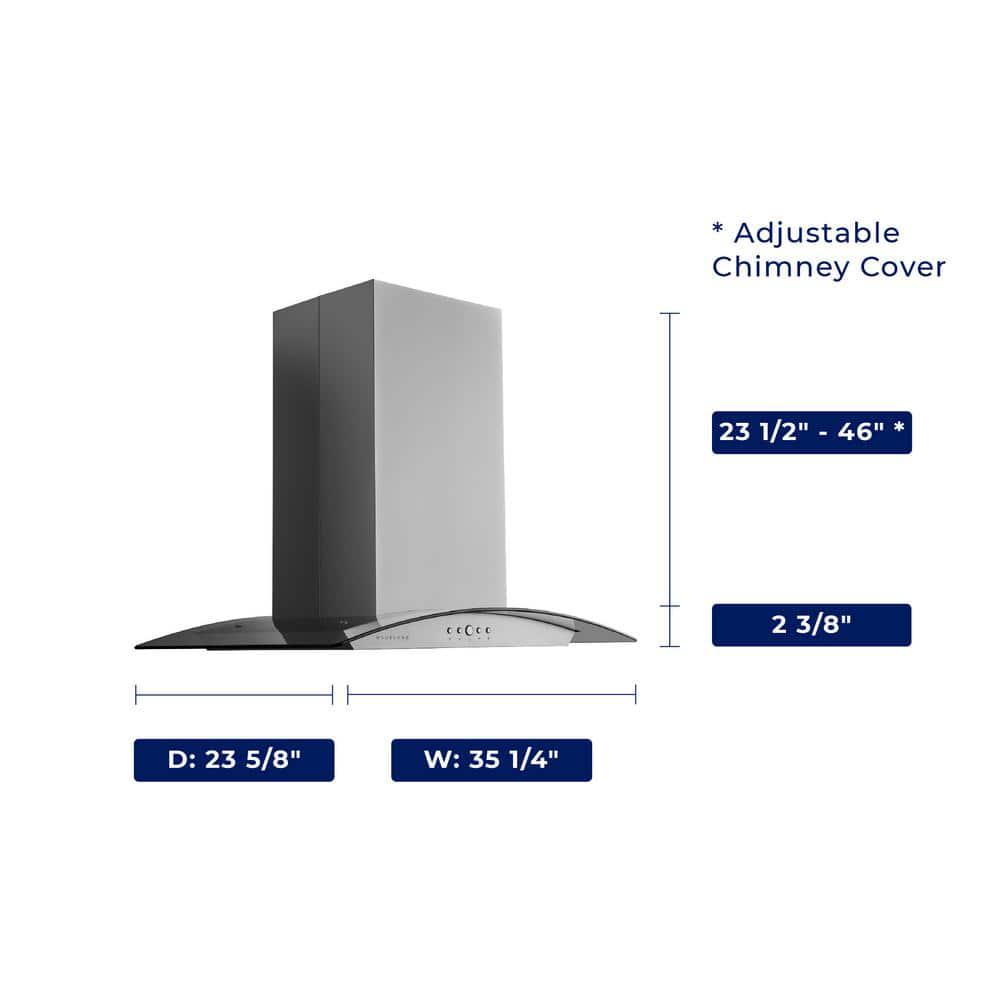 HAUSLANE 36 in Convertible Island Range Hood with Tempered Glass Dual Controls LED Baffle Filter in Stainless Steel