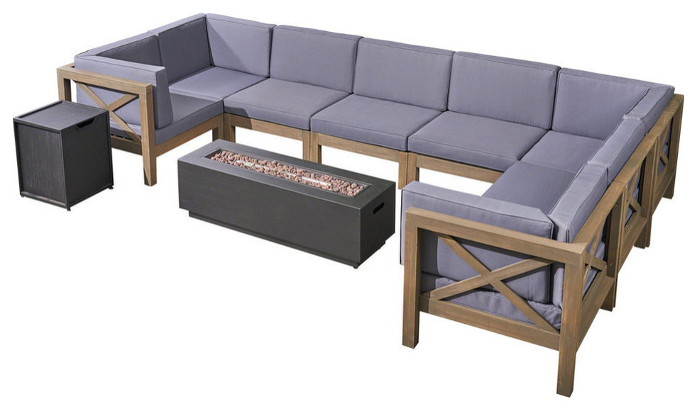 GDF Studio 10 Piece Muriel Outdoor Acacia Wood Sofa Set With Fire Pit   Transitional   Outdoor Lounge Sets   by GDFStudio  Houzz