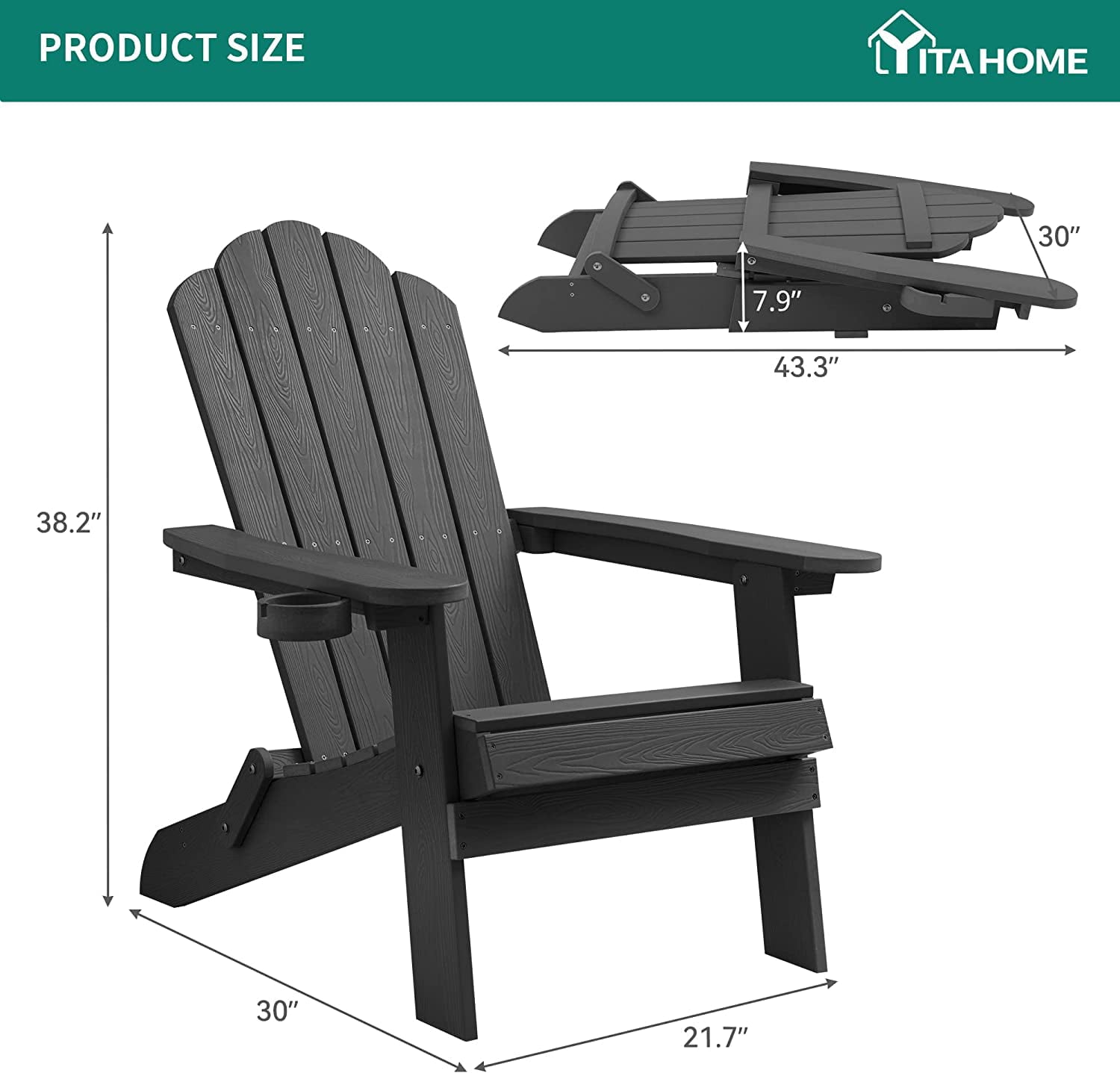 YITAHOME Folding Adirondack Chair Set of 4, Heavy Duty Foldable Plastic Outdoor Chairs with Rotatable Cup Holder, Oversized Fold up Fire Pit Chairs for Garden Lawn Yard Patio Deck Pool Porch Beach