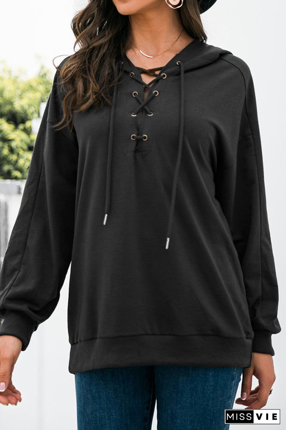 Drop Shoulder Criss-cross Hoodie Wholesale