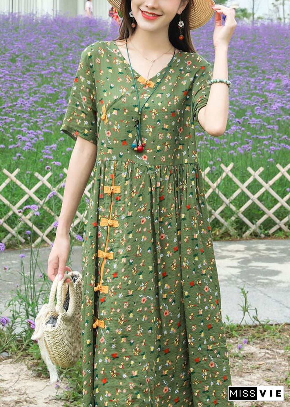 Boho Green Stand Collar Chinese Button Print Linen Dress Summer