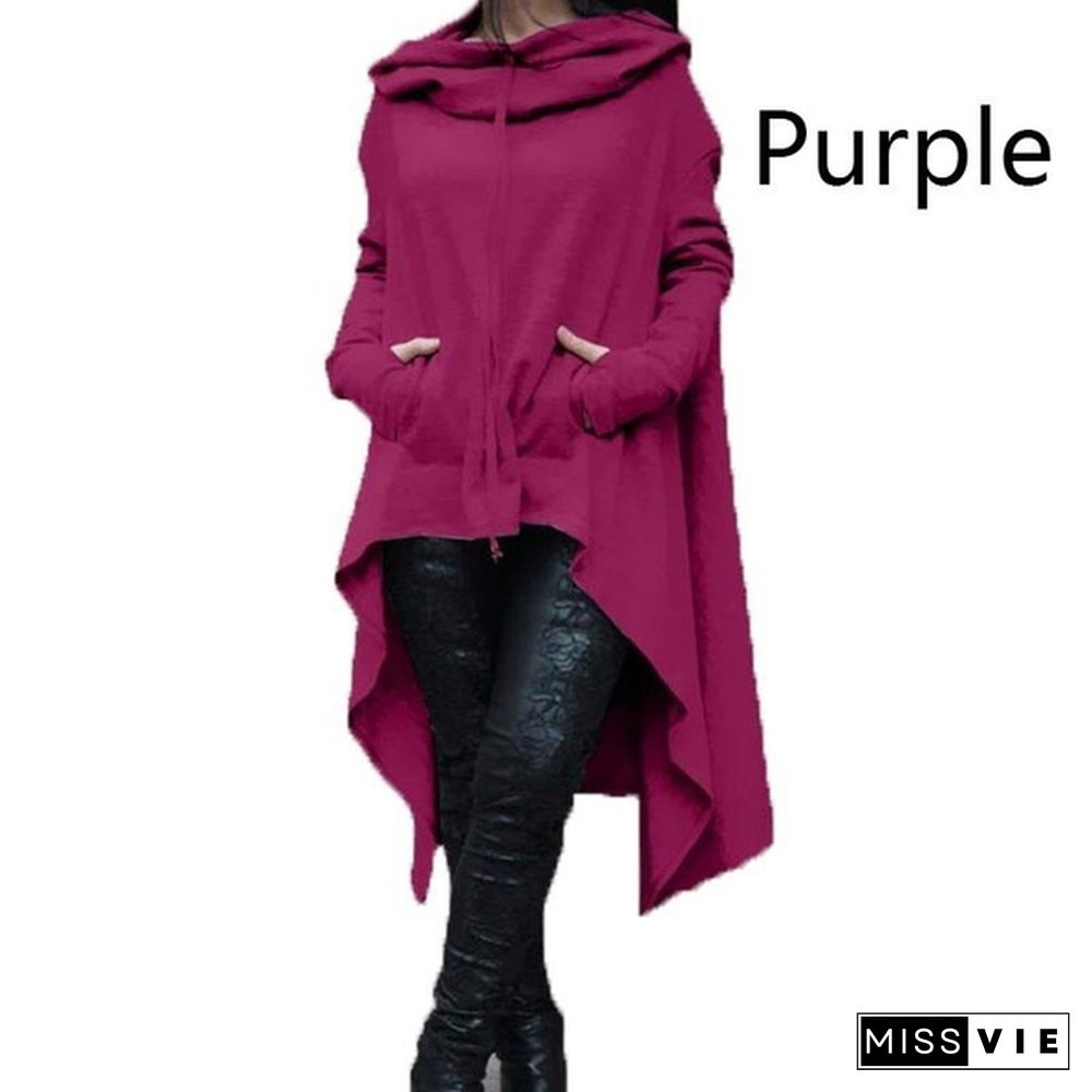 Women's Fashion Solid Color Long Sleeve Loose Casual Poncho Coat Hooded Pullover Long Hoodies Sweatshirts