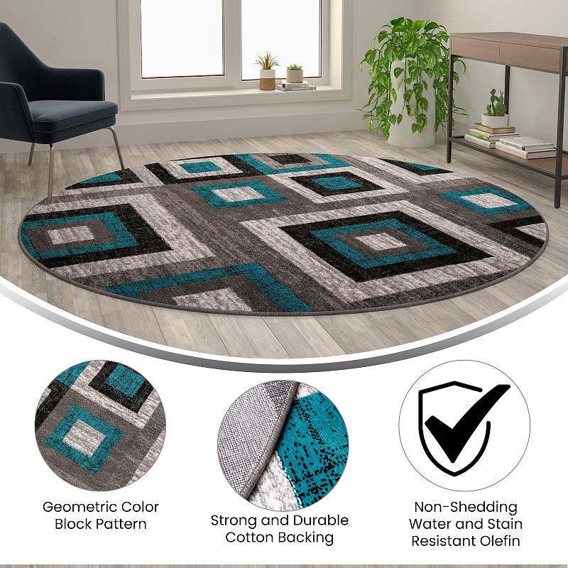 Masada Rugs Newton Collection Modern 8'x8' Round Accent Rug with Geometric Square Pattern in Turquoise， Gray and White