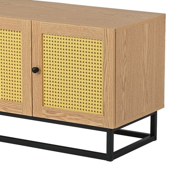 Wooden TV Stand for TVs up to 65inches with 4 Textured Rattan Doors and 2 Adjustable Panels